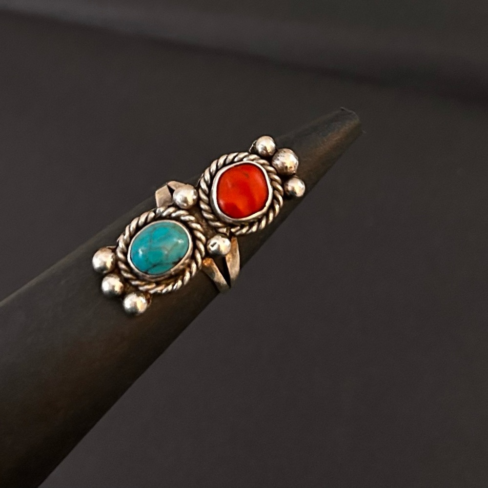 Southwestern Turquoise & Red Coral Stone Sterling Silver Ring